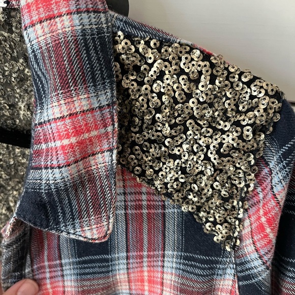 Free People Sequin Flannel Plaid Button Down Shirt XS - Picture 5 of 7